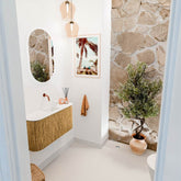 JOYA 83,2cm toiletmeubel ronding links + rechts kleur Oak. Wastafel FAYE positie Midden Zonder kraangat kleur Talc.