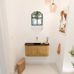 JOYA 83,2cm toiletmeubel ronding links + rechts kleur Oak. Wastafel FAYE positie Midden Zonder kraangat kleur Urban.