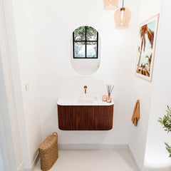 JOYA 83,2cm toiletmeubel ronding links + rechts kleur Ruby. Wastafel FAYE positie Midden Zonder kraangat kleur Talc.