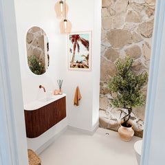 JOYA 83,2cm toiletmeubel ronding links + rechts kleur Ruby. Wastafel FAYE positie Midden Zonder kraangat kleur Talc.