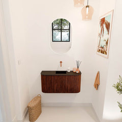 JOYA 83,2cm toiletmeubel ronding links + rechts kleur Ruby. Wastafel FAYE positie Midden Zonder kraangat kleur Urban.