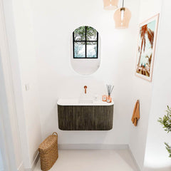 JOYA 83,2cm toiletmeubel ronding links + rechts kleur Shadow. Wastafel FAYE positie Midden Zonder kraangat kleur Talc.