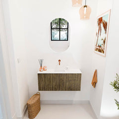 JOYA 90cm toiletmeubel kleur Dusk. Wastafel FAYE positie Midden Zonder kraangat kleur Talc.