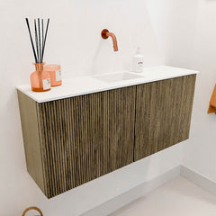 JOYA 90cm toiletmeubel kleur Dusk. Wastafel FAYE positie Midden Zonder kraangat kleur Talc.