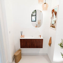 JOYA 90cm toiletmeubel kleur Ruby. Wastafel FAYE positie Rechts 1 kraangat kleur Talc.