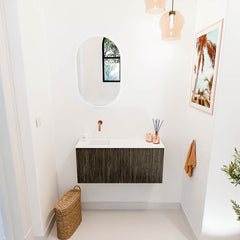 JOYA 90cm toiletmeubel kleur Shadow. Wastafel FAYE positie Links Zonder kraangat kleur Talc.