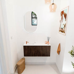 JOYA 90cm toiletmeubel kleur Walnut. Wastafel FAYE positie Links 1 kraangat kleur Talc.