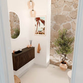 JOYA 90cm toiletmeubel kleur Walnut. Wastafel FAYE positie Links 1 kraangat kleur Urban.