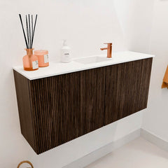 JOYA 90cm toiletmeubel kleur Walnut. Wastafel FAYE positie Midden 1 kraangat kleur Talc.