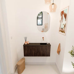 JOYA 90cm toiletmeubel kleur Walnut. Wastafel FAYE positie Rechts Zonder kraangat kleur Urban.