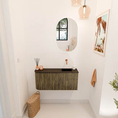 JOYA 91,6cm toiletmeubel ronding links kleur Dusk. Wastafel FAYE positie Rechts Zonder kraangat kleur Urban.