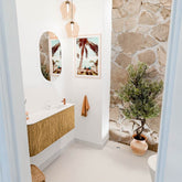 JOYA 91,6cm toiletmeubel ronding links kleur Oak. Wastafel FAYE positie Rechts 1 kraangat kleur Talc.