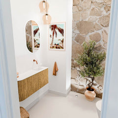 JOYA 91,6cm toiletmeubel ronding links kleur Oak. Wastafel FAYE positie Rechts Zonder kraangat kleur Talc.