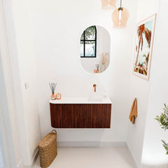 JOYA 91,6cm toiletmeubel ronding links kleur Ruby. Wastafel FAYE positie Rechts Zonder kraangat kleur Talc.