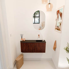 JOYA 91,6cm toiletmeubel ronding links kleur Ruby. Wastafel FAYE positie Rechts Zonder kraangat kleur Urban.