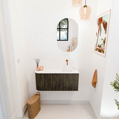 JOYA 91,6cm toiletmeubel ronding links kleur Shadow. Wastafel FAYE positie Rechts Zonder kraangat kleur Talc.