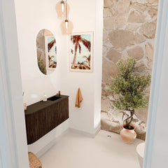 JOYA 91,6cm toiletmeubel ronding links kleur Walnut. Wastafel FAYE positie Rechts 1 kraangat kleur Urban.