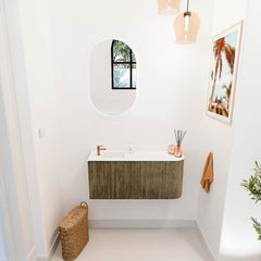 JOYA 91,6cm toiletmeubel ronding rechts kleur Dusk. Wastafel FAYE positie Links 1 kraangat kleur Talc.