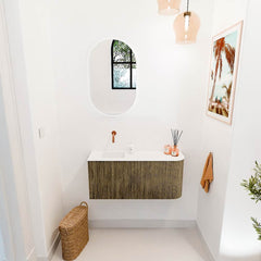 JOYA 91,6cm toiletmeubel ronding rechts kleur Dusk. Wastafel FAYE positie Links Zonder kraangat kleur Talc.