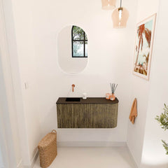 JOYA 91,6cm toiletmeubel ronding rechts kleur Dusk. Wastafel FAYE positie Links Zonder kraangat kleur Urban.