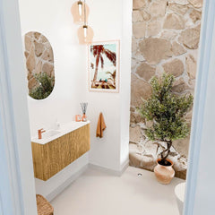 JOYA 91,6cm toiletmeubel ronding rechts kleur Oak. Wastafel FAYE positie Links 1 kraangat kleur Talc.