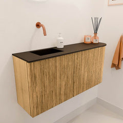 JOYA 91,6cm toiletmeubel ronding rechts kleur Oak. Wastafel FAYE positie Links Zonder kraangat kleur Urban.