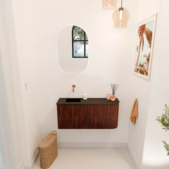 JOYA 91,6cm toiletmeubel ronding rechts kleur Ruby. Wastafel FAYE positie Links Zonder kraangat kleur Urban.