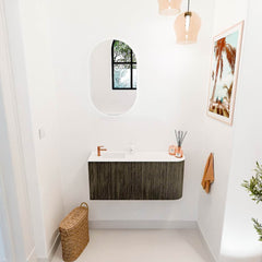 JOYA 91,6cm toiletmeubel ronding rechts kleur Shadow. Wastafel FAYE positie Links 1 kraangat kleur Talc.