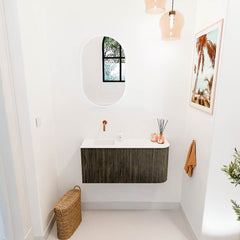 JOYA 91,6cm toiletmeubel ronding rechts kleur Shadow. Wastafel FAYE positie Links Zonder kraangat kleur Talc.