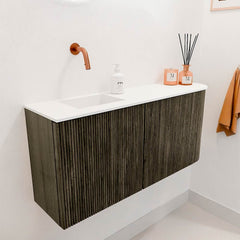 JOYA 91,6cm toiletmeubel ronding rechts kleur Shadow. Wastafel FAYE positie Links Zonder kraangat kleur Talc.