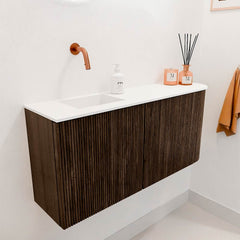 JOYA 91,6cm toiletmeubel ronding rechts kleur Walnut. Wastafel FAYE positie Links Zonder kraangat kleur Talc.