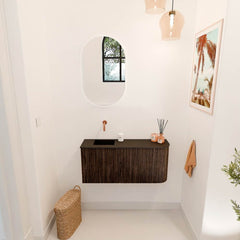 JOYA 91,6cm toiletmeubel ronding rechts kleur Walnut. Wastafel FAYE positie Links Zonder kraangat kleur Urban.