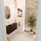 JOYA 91,6cm toiletmeubel ronding rechts kleur Walnut. Wastafel FAYE positie Links Zonder kraangat kleur Urban.