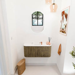 JOYA 93,2cm toiletmeubel ronding links + rechts kleur Dusk. Wastafel FAYE positie Midden 1 kraangat kleur Talc.