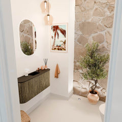 JOYA 93,2cm toiletmeubel ronding links + rechts kleur Dusk. Wastafel FAYE positie Midden 1 kraangat kleur Urban.