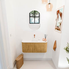 JOYA 93,2cm toiletmeubel ronding links + rechts kleur Oak. Wastafel FAYE positie Midden Zonder kraangat kleur Talc.