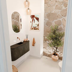 JOYA 93,2cm toiletmeubel ronding links + rechts kleur Shadow. Wastafel FAYE positie Midden Zonder kraangat kleur Urban.