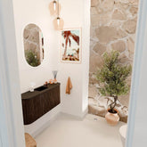 JOYA 93,2cm toiletmeubel ronding links + rechts kleur Walnut. Wastafel FAYE positie Midden 1 kraangat kleur Urban.