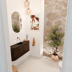 JOYA 93,2cm toiletmeubel ronding links + rechts kleur Walnut. Wastafel FAYE positie Midden Zonder kraangat kleur Urban.