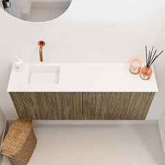 JOYA 100cm toiletmeubel kleur Dusk. Wastafel FAYE positie Links Zonder kraangat kleur Talc.