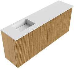 JOYA 100cm toiletmeubel kleur Oak. Wastafel FAYE positie Links Zonder kraangat kleur Talc.