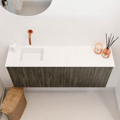 JOYA 100cm toiletmeubel kleur Shadow. Wastafel FAYE positie Links Zonder kraangat kleur Talc.