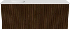 JOYA 100cm toiletmeubel kleur Walnut. Wastafel FAYE positie Links Zonder kraangat kleur Talc.