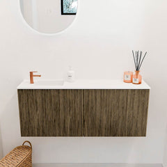 JOYA 100cm toiletmeubel kleur Dusk. Wastafel FAYE positie Links 1 kraangat kleur Talc.