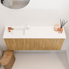 JOYA 100cm toiletmeubel kleur Oak. Wastafel FAYE positie Links 1 kraangat kleur Talc.