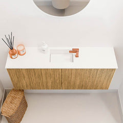 JOYA 100cm toiletmeubel kleur Oak. Wastafel FAYE positie Midden 1 kraangat kleur Talc.