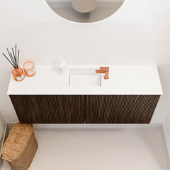JOYA 100cm toiletmeubel kleur Walnut. Wastafel FAYE positie Midden 1 kraangat kleur Talc.