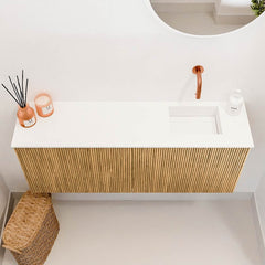 JOYA 100cm toiletmeubel kleur Oak. Wastafel FAYE positie Rechts Zonder kraangat kleur Talc.