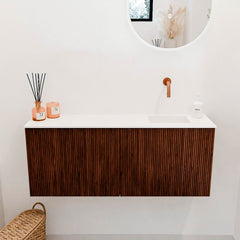 JOYA 100cm toiletmeubel kleur Ruby. Wastafel FAYE positie Rechts Zonder kraangat kleur Talc.