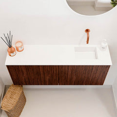 JOYA 100cm toiletmeubel kleur Ruby. Wastafel FAYE positie Rechts Zonder kraangat kleur Talc.